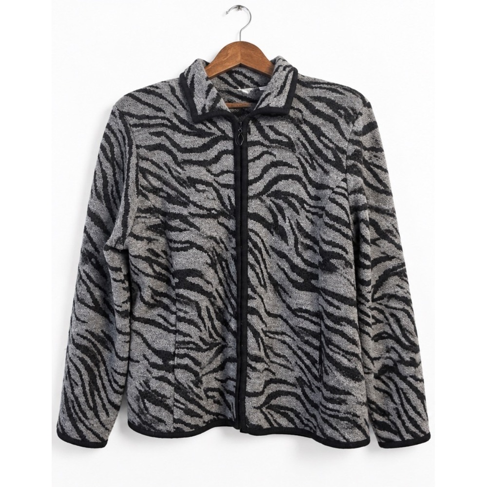 Alfred Dunner Women XL Gray Black Zebra Animal Print Full Zip Sweater 100% Wool